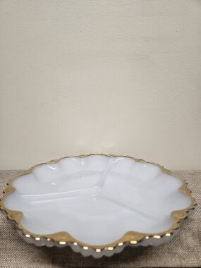 Anchor Hocking Milk Glass Divided Serving Tray with Gold Rim